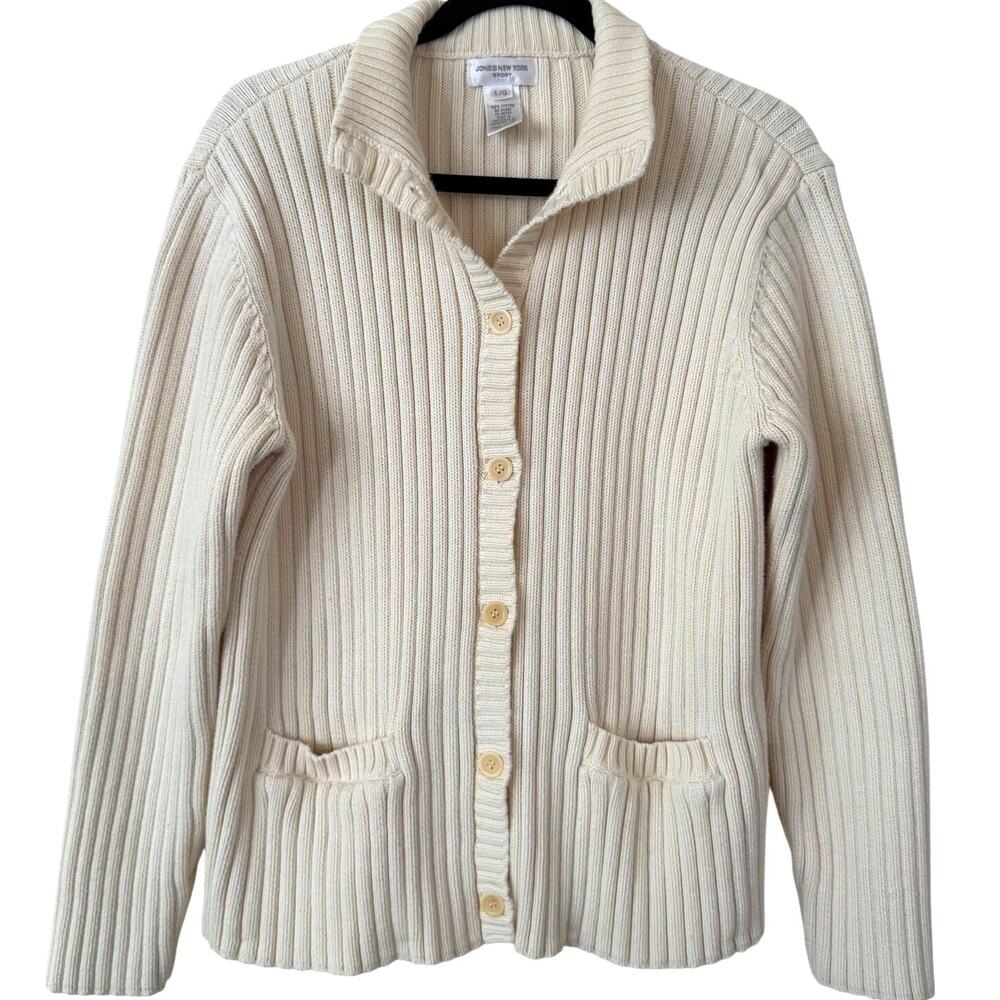 Jones New York Cream Knit Rib Sweater Cardigan Large Grandmacore Minimalist VTG